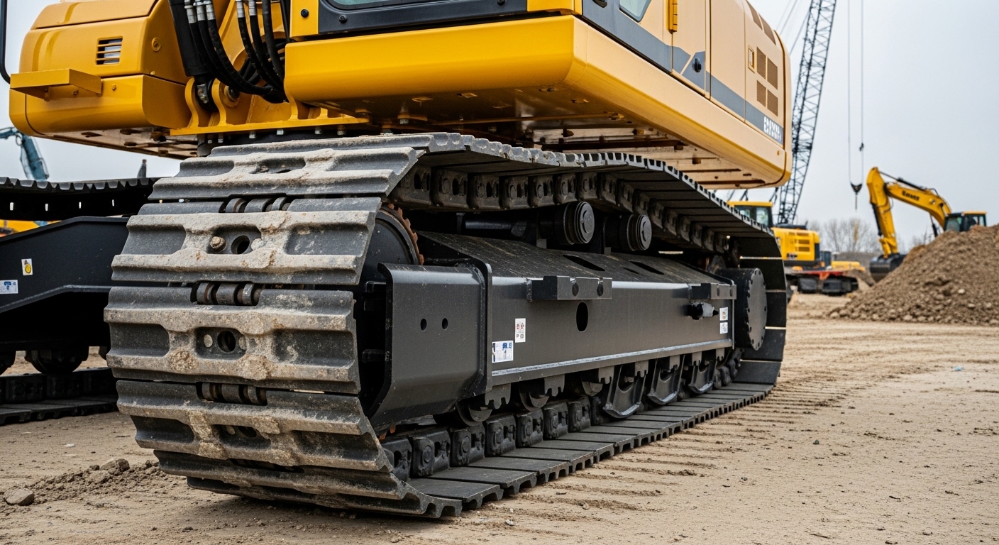 Aftermarket excavator tracks installed on a heavy-duty excavator for improved traction and durability
